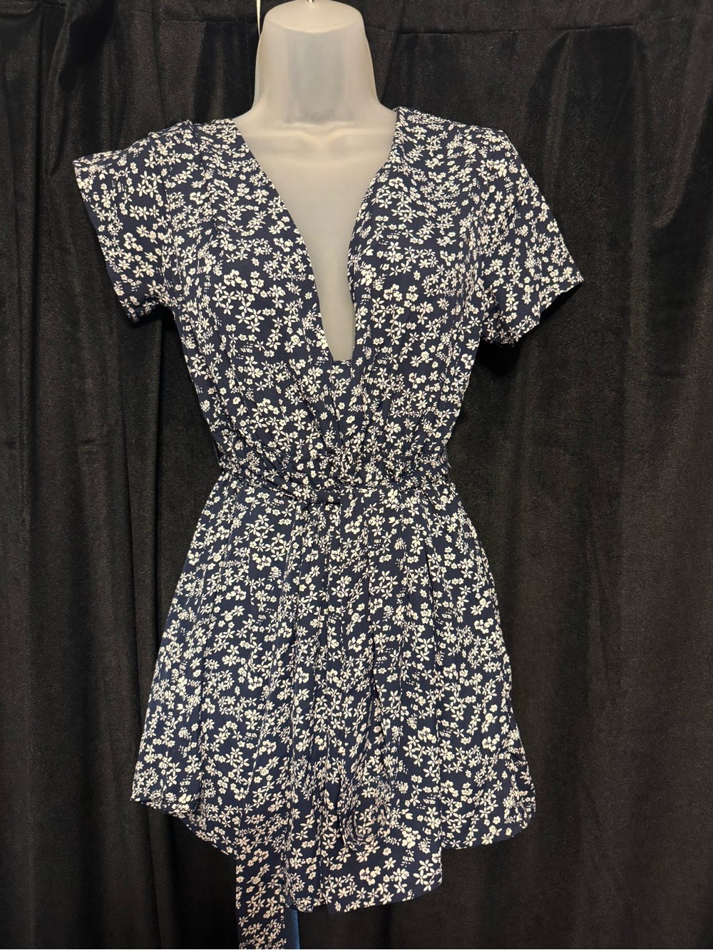 Navy Floral V-Neck Cinched-Waist Tunic